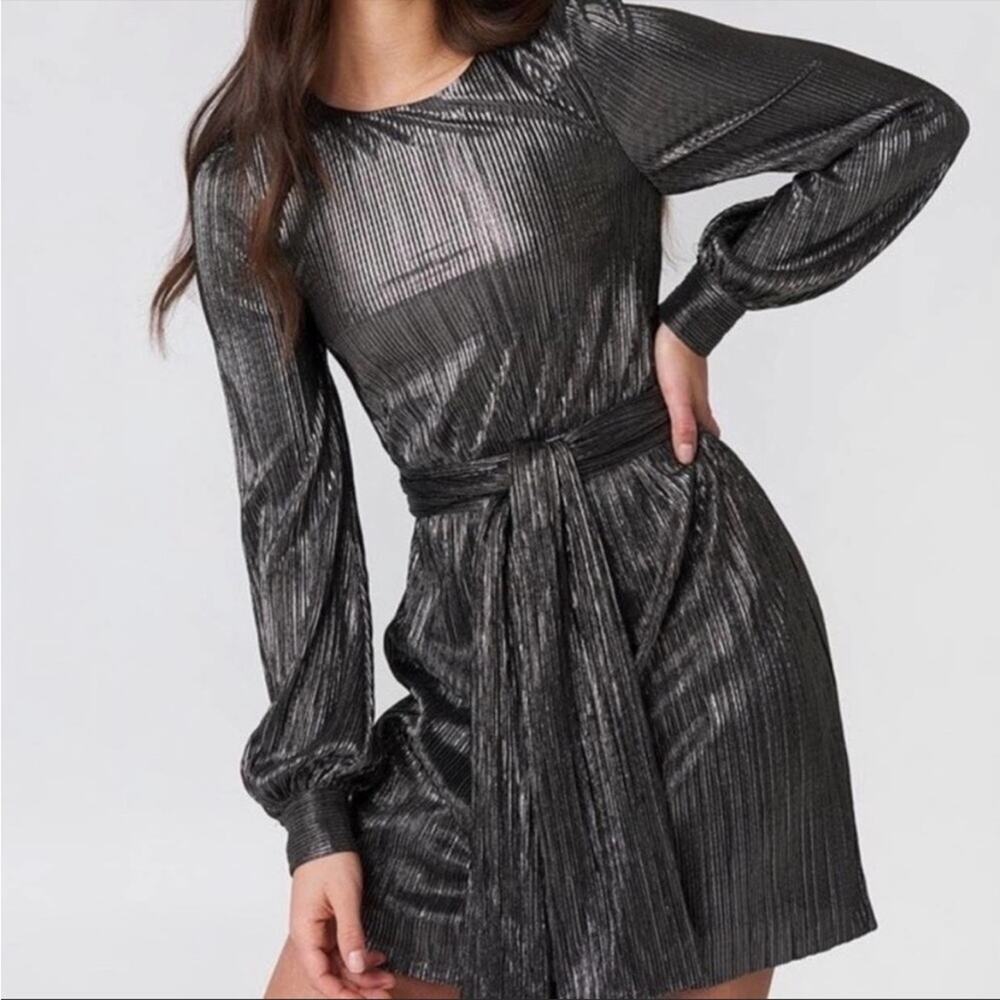 For Love & Lemons Metallic Gray Steel Belt Tie Mini Dress Size Small Long Sleeve